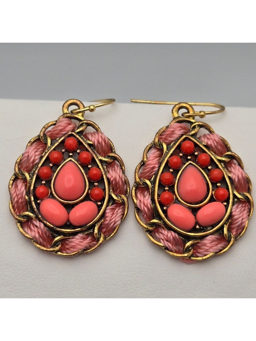 Pink Thread & Coral Accents Stone Dangle Earrings Bronze Tone Hooks